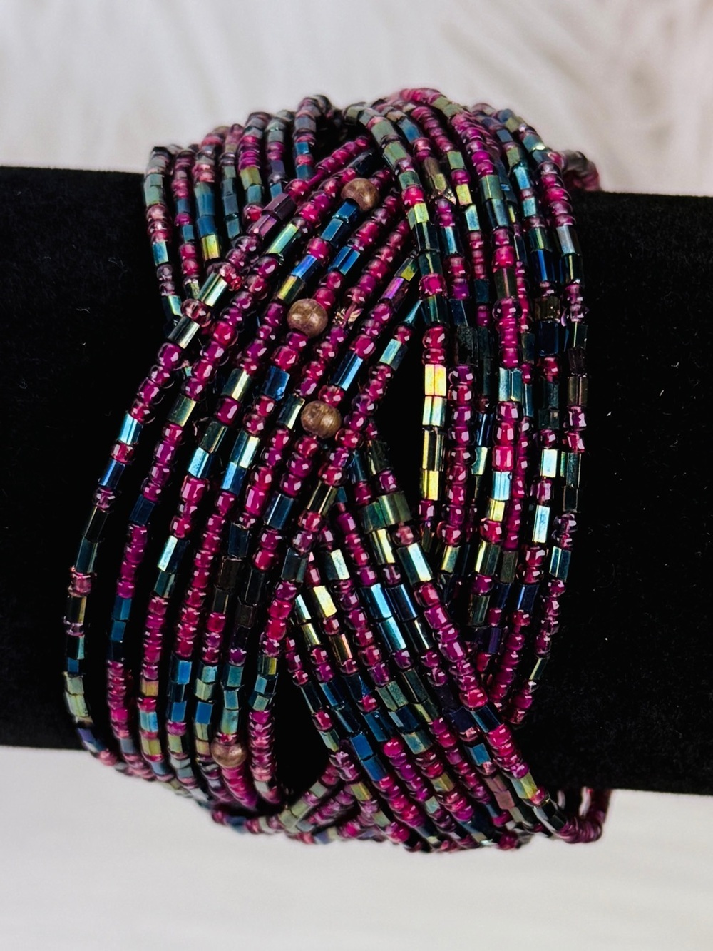 Fuchsia Multistrand Seed Bead adjustable cuff Bracelet